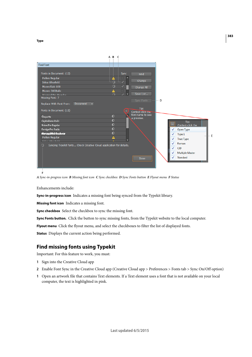 Find missing fonts using typekit | Adobe Illustrator CC 2015 User Manual | Page 388 / 556