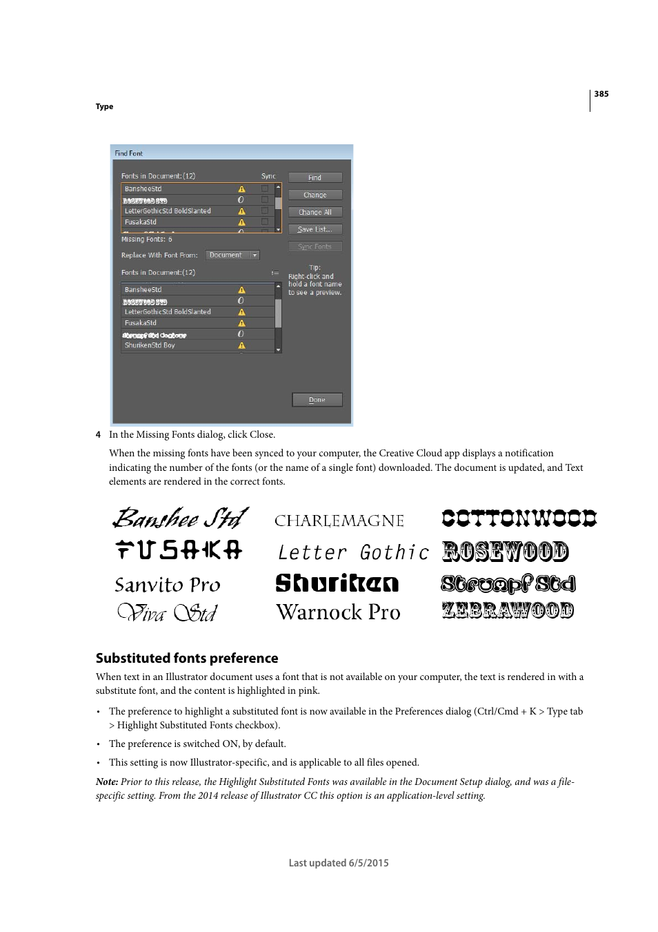 Substituted fonts preference | Adobe Illustrator CC 2015 User Manual | Page 390 / 556