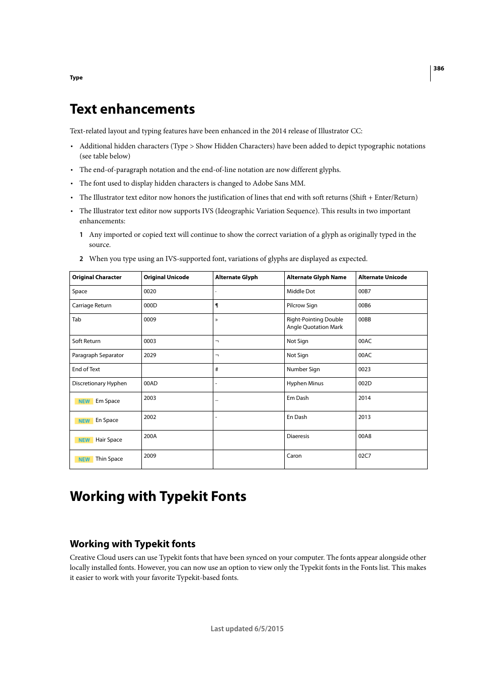 Text enhancements, Working with typekit fonts | Adobe Illustrator CC 2015 User Manual | Page 391 / 556