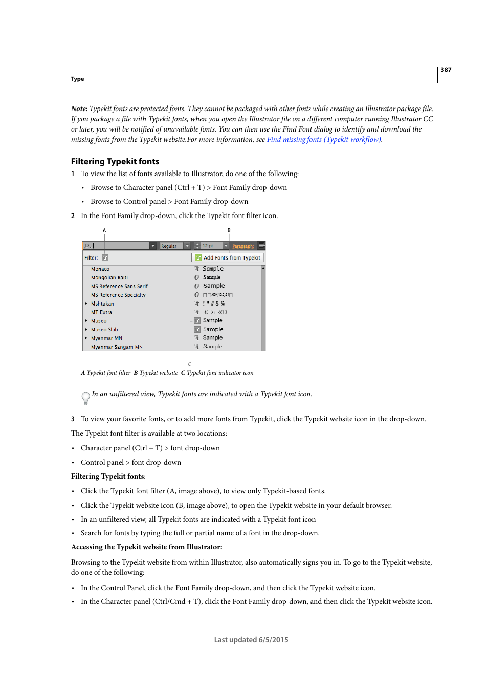 Filtering typekit fonts | Adobe Illustrator CC 2015 User Manual | Page 392 / 556