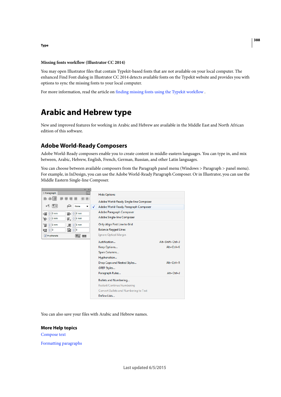 Arabic and hebrew type, Adobe world-ready composers | Adobe Illustrator CC 2015 User Manual | Page 393 / 556