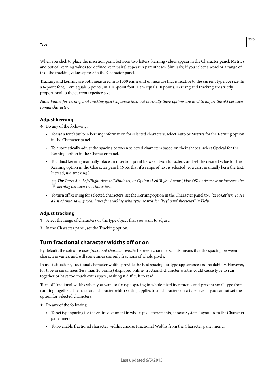 Adjust kerning, Adjust tracking, Turn fractional character widths off or on | Adobe Illustrator CC 2015 User Manual | Page 401 / 556