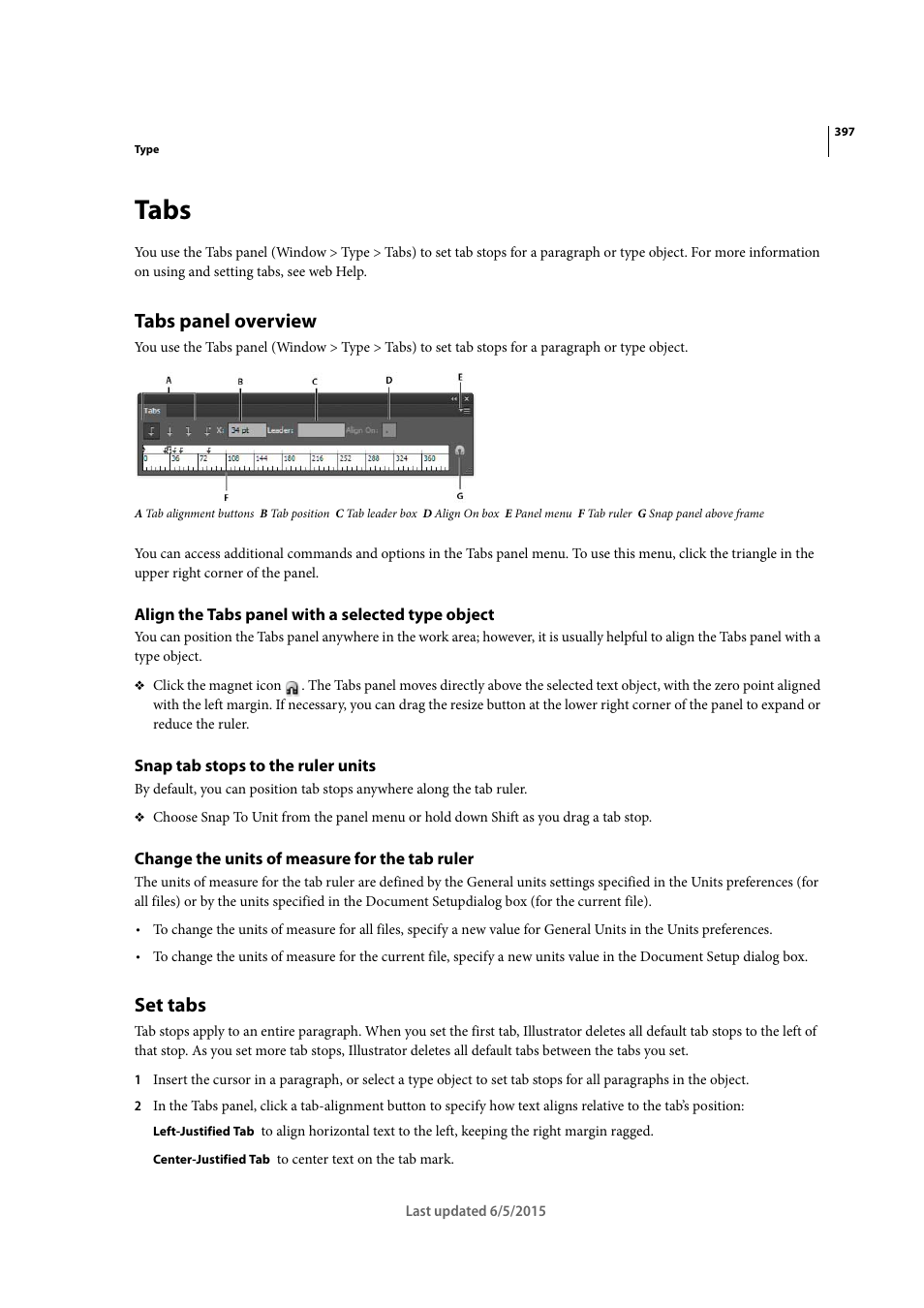 Tabs, Tabs panel overview, Align the tabs panel with a selected type object | Snap tab stops to the ruler units, Change the units of measure for the tab ruler, Set tabs | Adobe Illustrator CC 2015 User Manual | Page 402 / 556