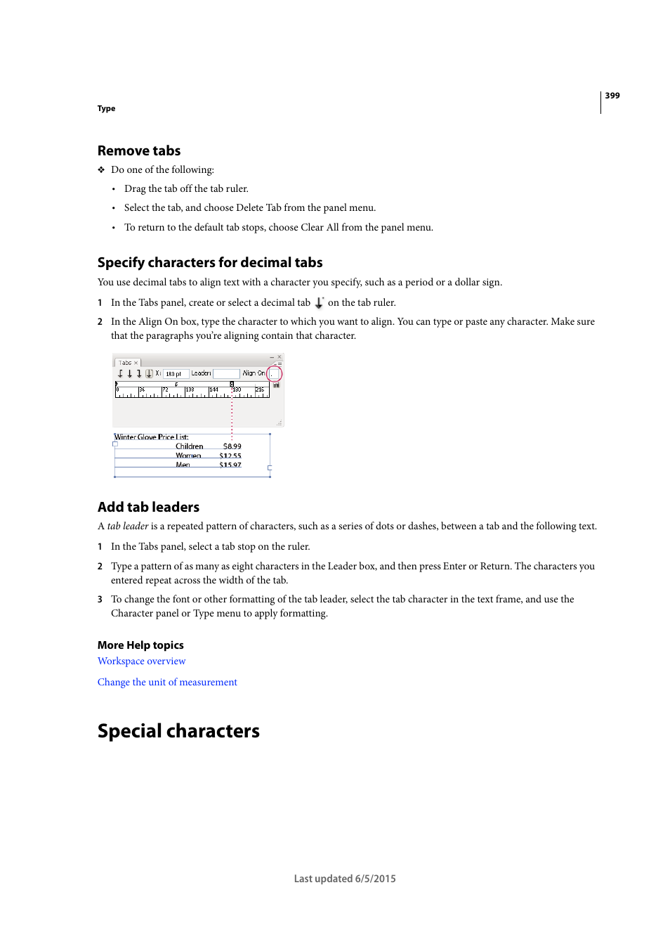 Remove tabs, Specify characters for decimal tabs, Add tab leaders | Special characters | Adobe Illustrator CC 2015 User Manual | Page 404 / 556