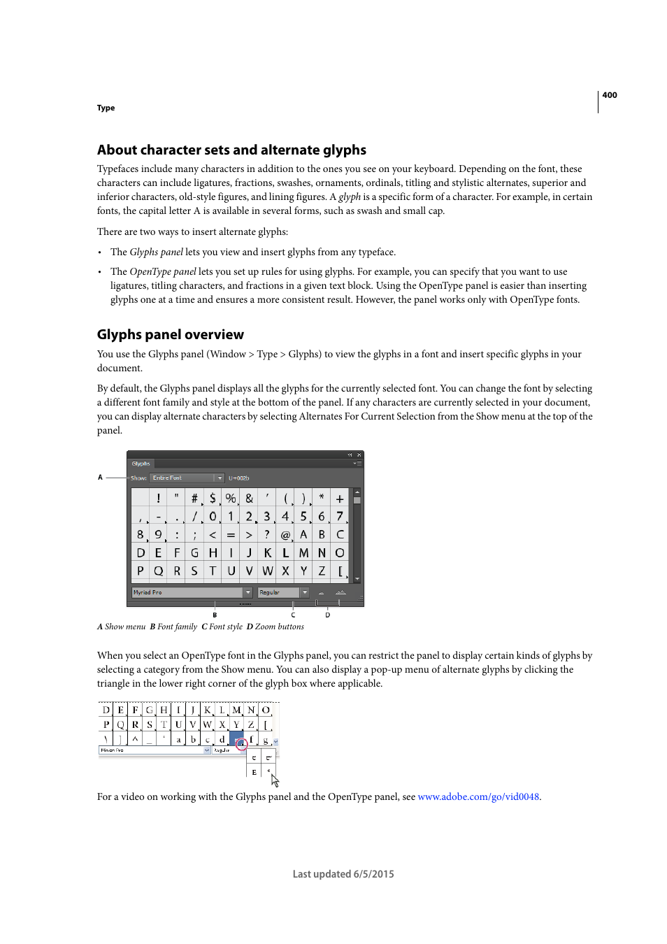 About character sets and alternate glyphs, Glyphs panel overview | Adobe Illustrator CC 2015 User Manual | Page 405 / 556