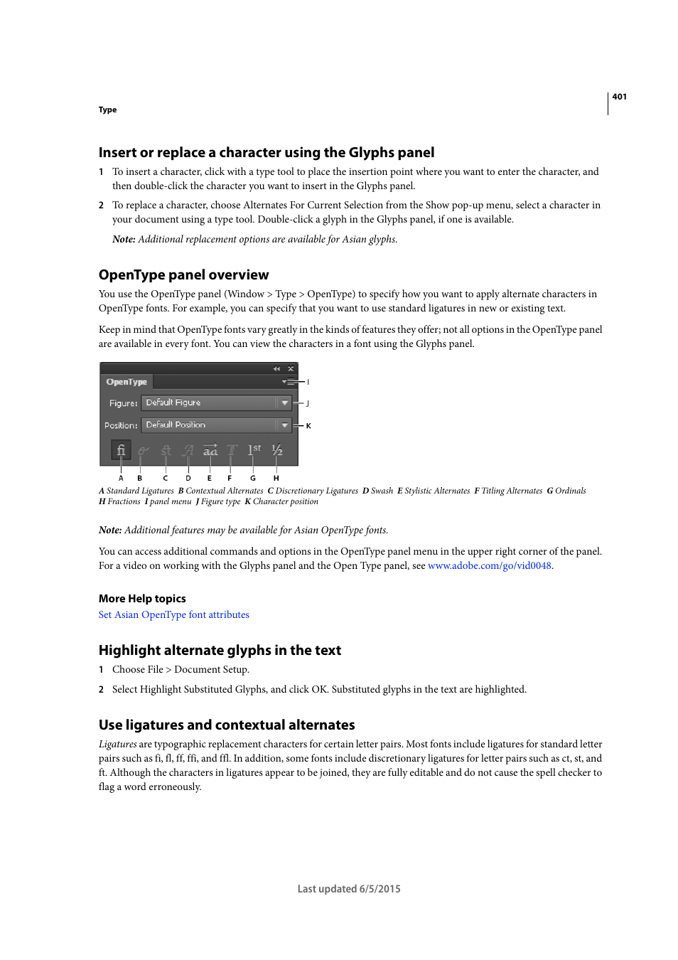 Opentype panel overview, Highlight alternate glyphs in the text, Use ligatures and contextual alternates | Adobe Illustrator CC 2015 User Manual | Page 406 / 556