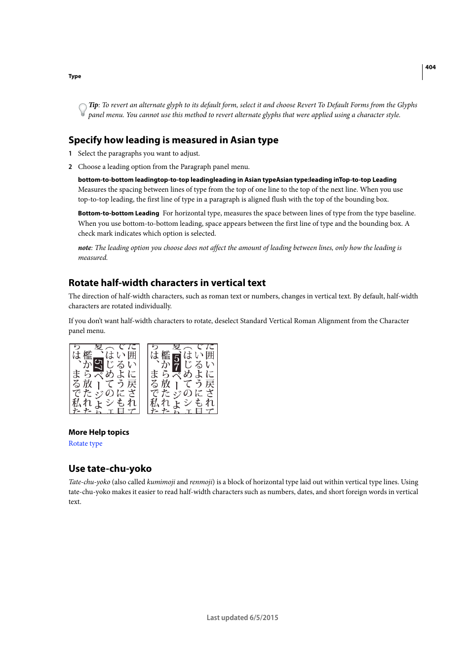 Specify how leading is measured in asian type, Rotate half-width characters in vertical text, Use tate-chu-yoko | Adobe Illustrator CC 2015 User Manual | Page 409 / 556