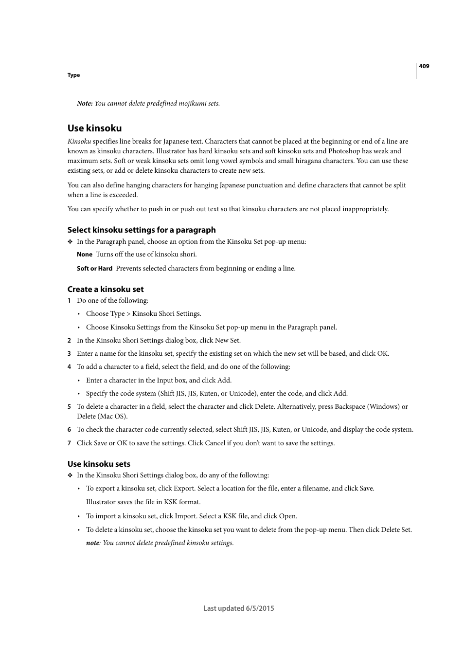 Use kinsoku, Select kinsoku settings for a paragraph, Create a kinsoku set | Use kinsoku sets | Adobe Illustrator CC 2015 User Manual | Page 414 / 556