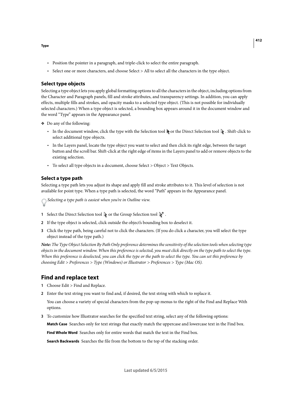 Select type objects, Select a type path, Find and replace text | Adobe Illustrator CC 2015 User Manual | Page 417 / 556