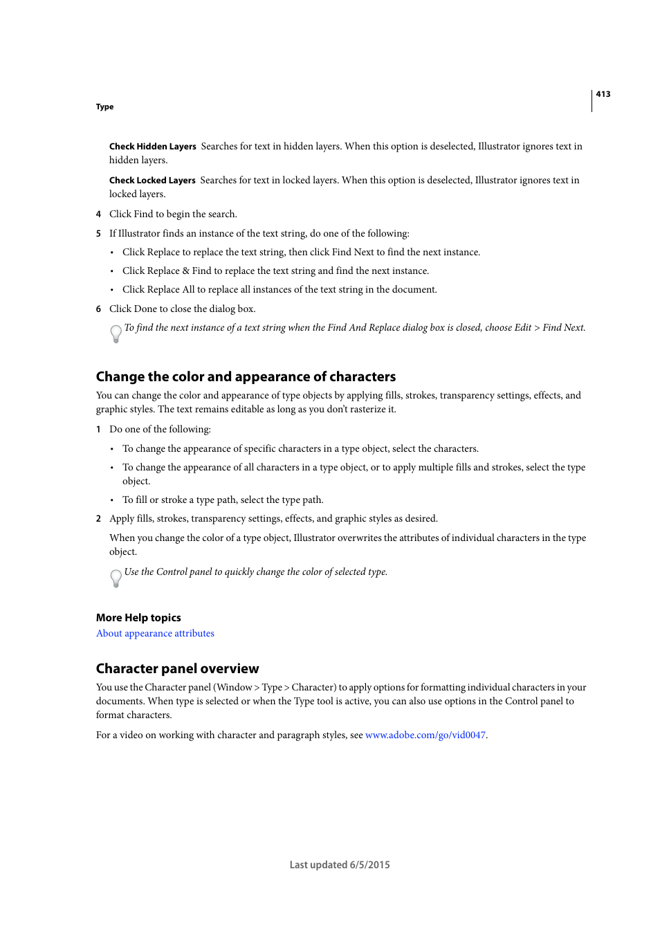 Change the color and appearance of characters, Character panel overview | Adobe Illustrator CC 2015 User Manual | Page 418 / 556