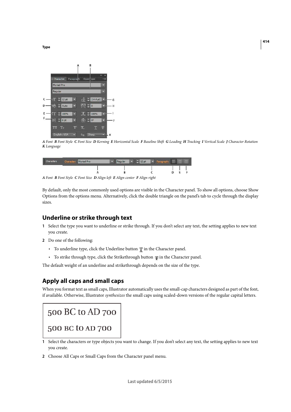 Underline or strike through text, Apply all caps and small caps | Adobe Illustrator CC 2015 User Manual | Page 419 / 556