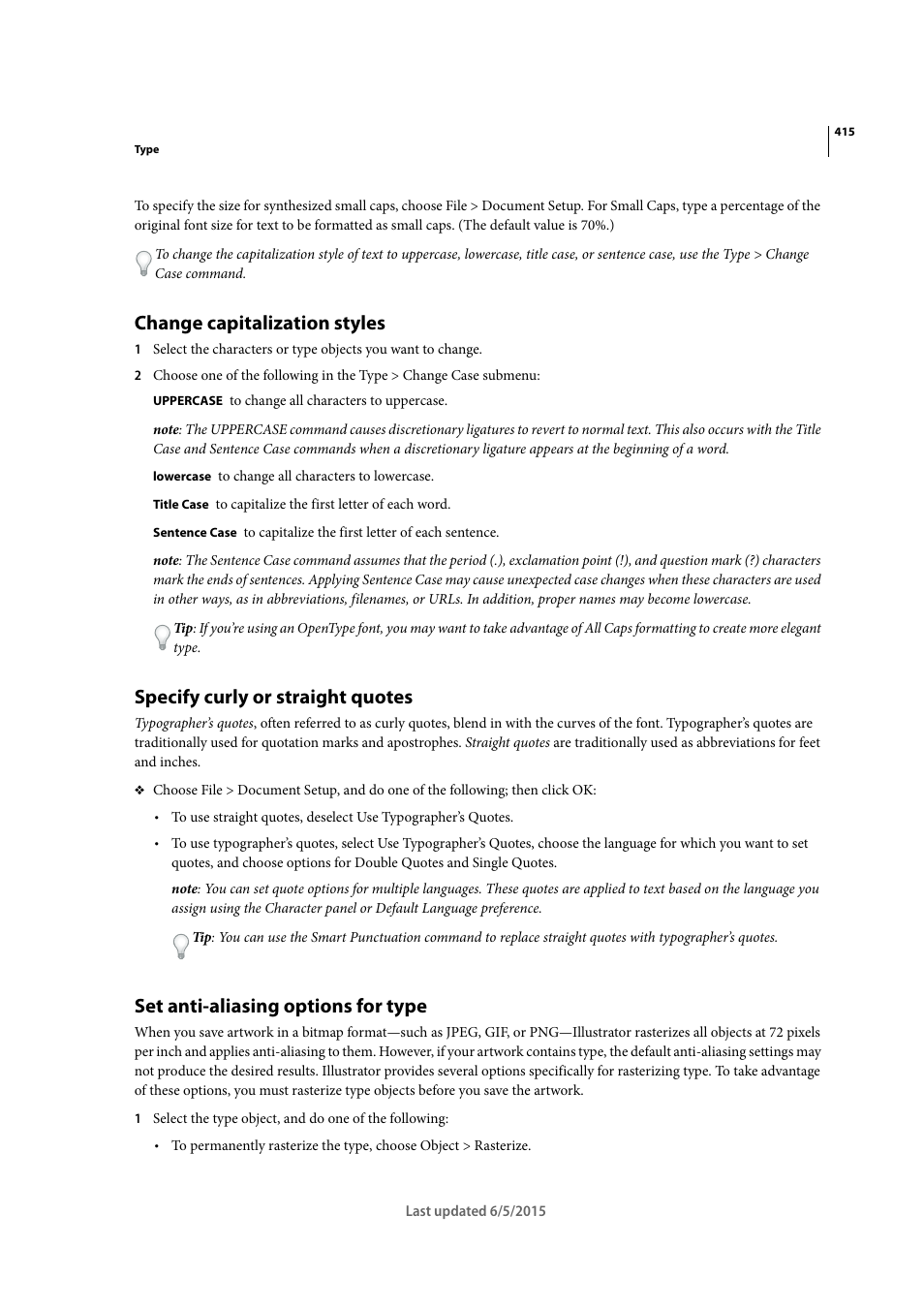 Change capitalization styles, Specify curly or straight quotes, Set anti-aliasing options for type | Adobe Illustrator CC 2015 User Manual | Page 420 / 556