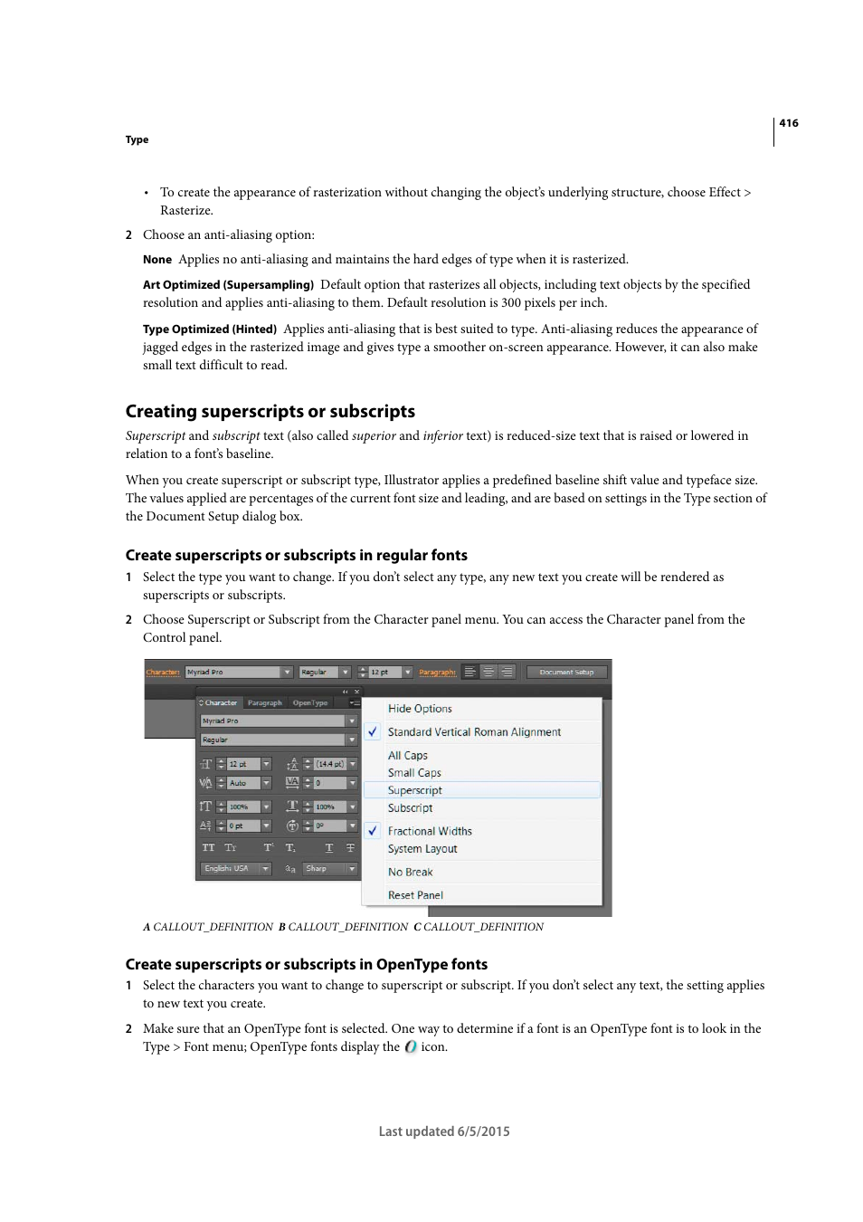 Creating superscripts or subscripts, Create superscripts or subscripts in regular fonts | Adobe Illustrator CC 2015 User Manual | Page 421 / 556