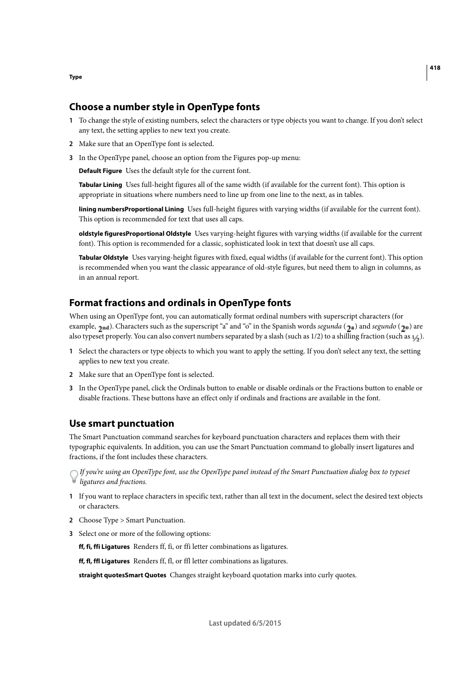 Choose a number style in opentype fonts, Format fractions and ordinals in opentype fonts, Use smart punctuation | Adobe Illustrator CC 2015 User Manual | Page 423 / 556