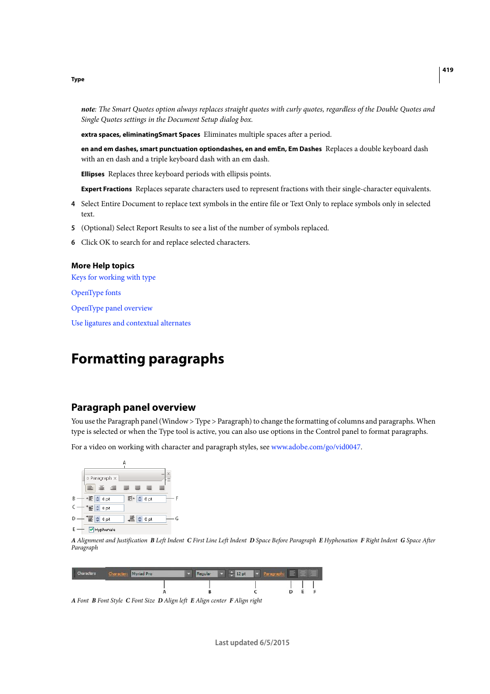 Formatting paragraphs, Paragraph panel overview | Adobe Illustrator CC 2015 User Manual | Page 424 / 556