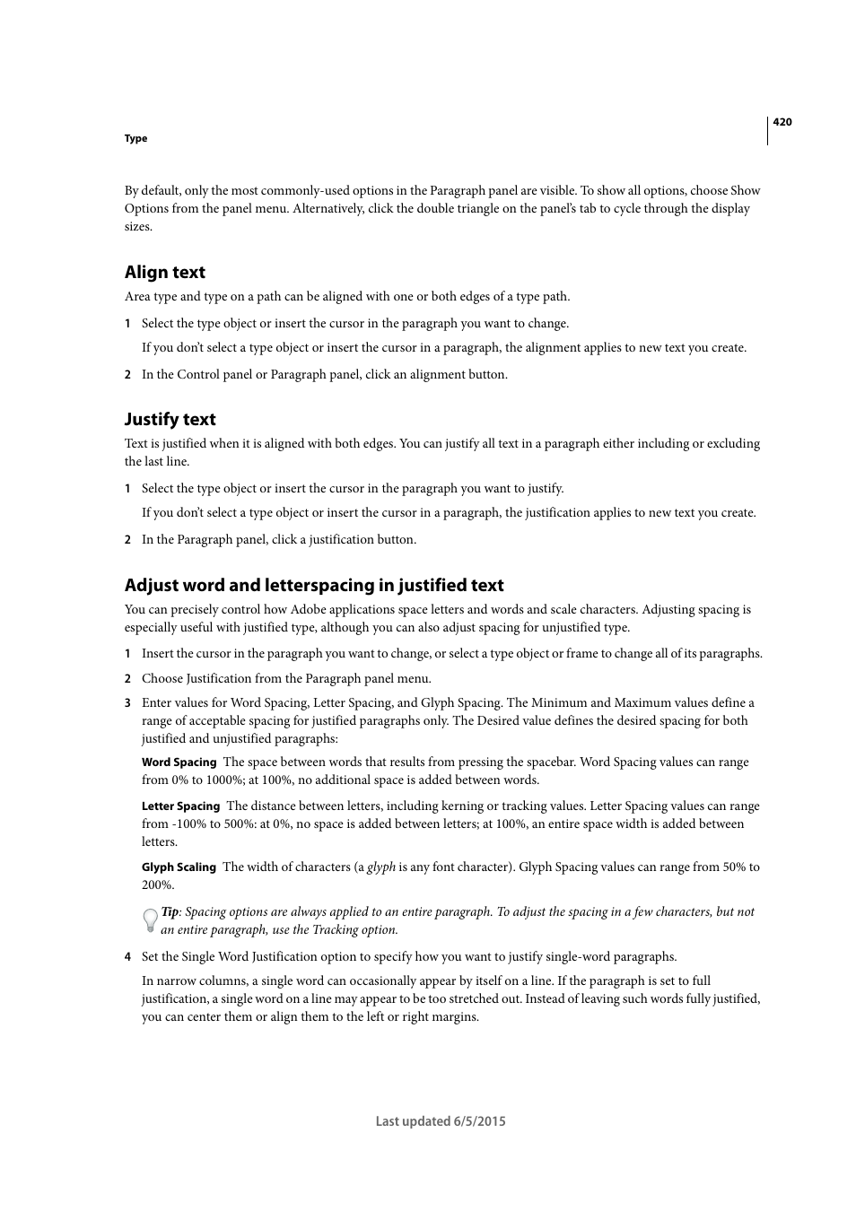 Align text, Justify text, Adjust word and letterspacing in justified text | Adobe Illustrator CC 2015 User Manual | Page 425 / 556