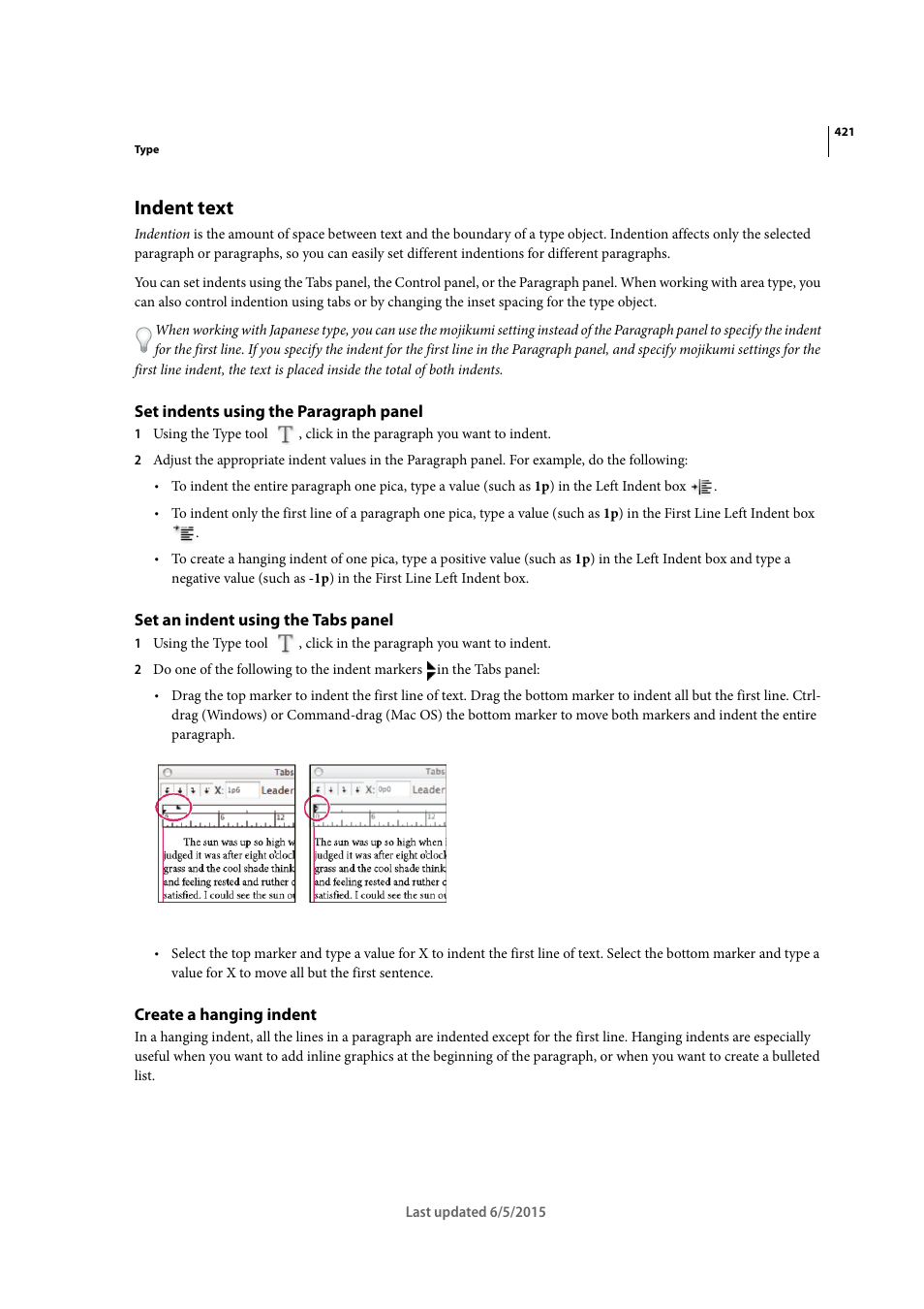 Indent text, Set indents using the paragraph panel, Set an indent using the tabs panel | Create a hanging indent | Adobe Illustrator CC 2015 User Manual | Page 426 / 556