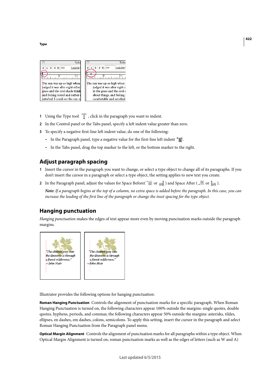 Adjust paragraph spacing, Hanging punctuation | Adobe Illustrator CC 2015 User Manual | Page 427 / 556