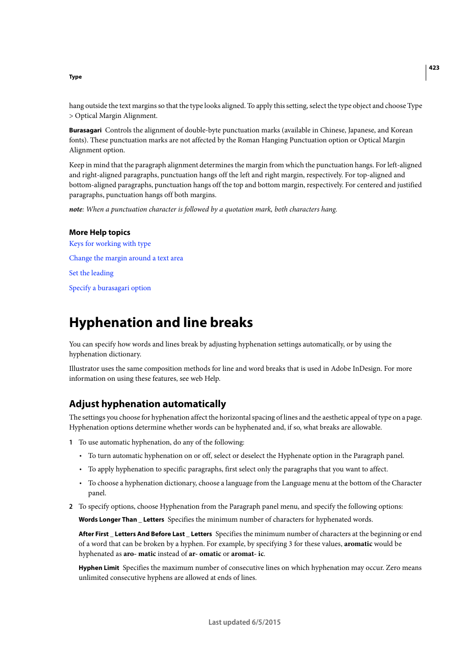 Hyphenation and line breaks, Adjust hyphenation automatically | Adobe Illustrator CC 2015 User Manual | Page 428 / 556