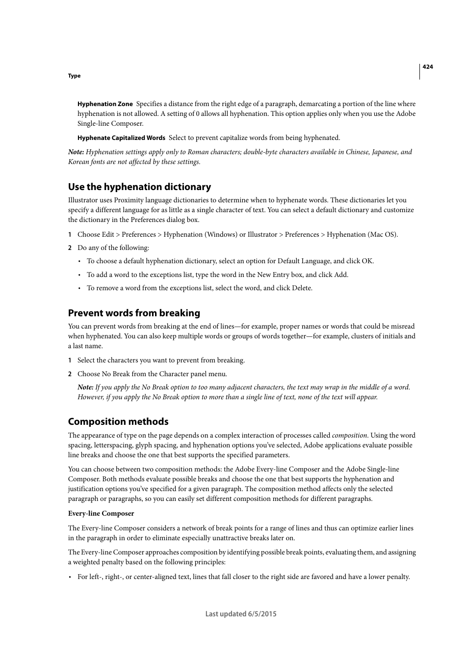 Use the hyphenation dictionary, Prevent words from breaking, Composition methods | Adobe Illustrator CC 2015 User Manual | Page 429 / 556