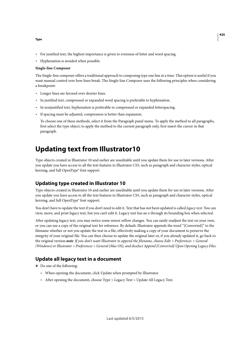 Updating text from illustrator10, Updating type created in illustrator 10, Update all legacy text in a document | Adobe Illustrator CC 2015 User Manual | Page 430 / 556