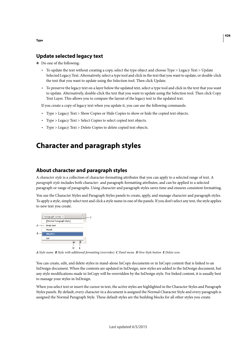 Update selected legacy text, Character and paragraph styles, About character and paragraph styles | Adobe Illustrator CC 2015 User Manual | Page 431 / 556