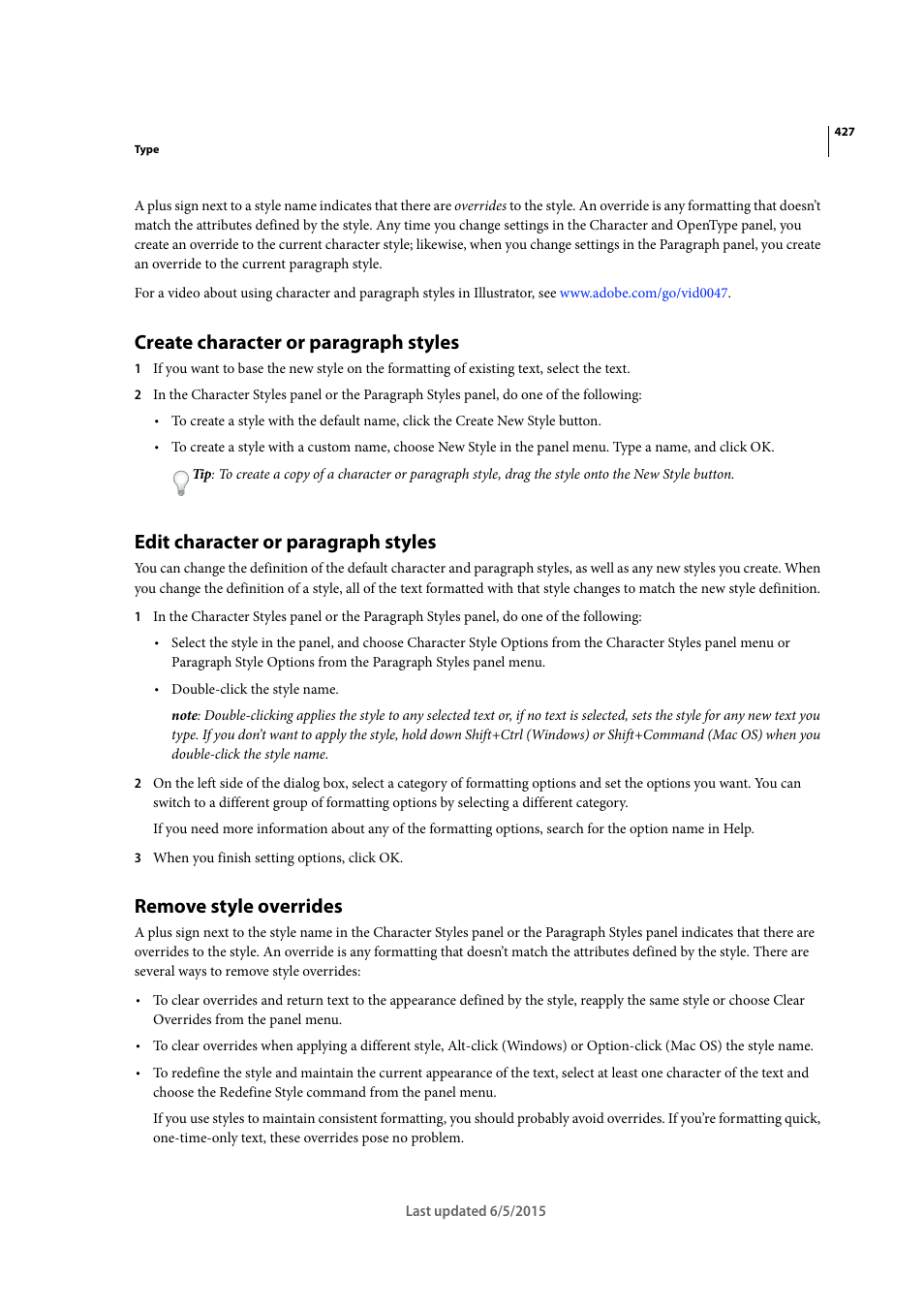 Create character or paragraph styles, Edit character or paragraph styles, Remove style overrides | Adobe Illustrator CC 2015 User Manual | Page 432 / 556