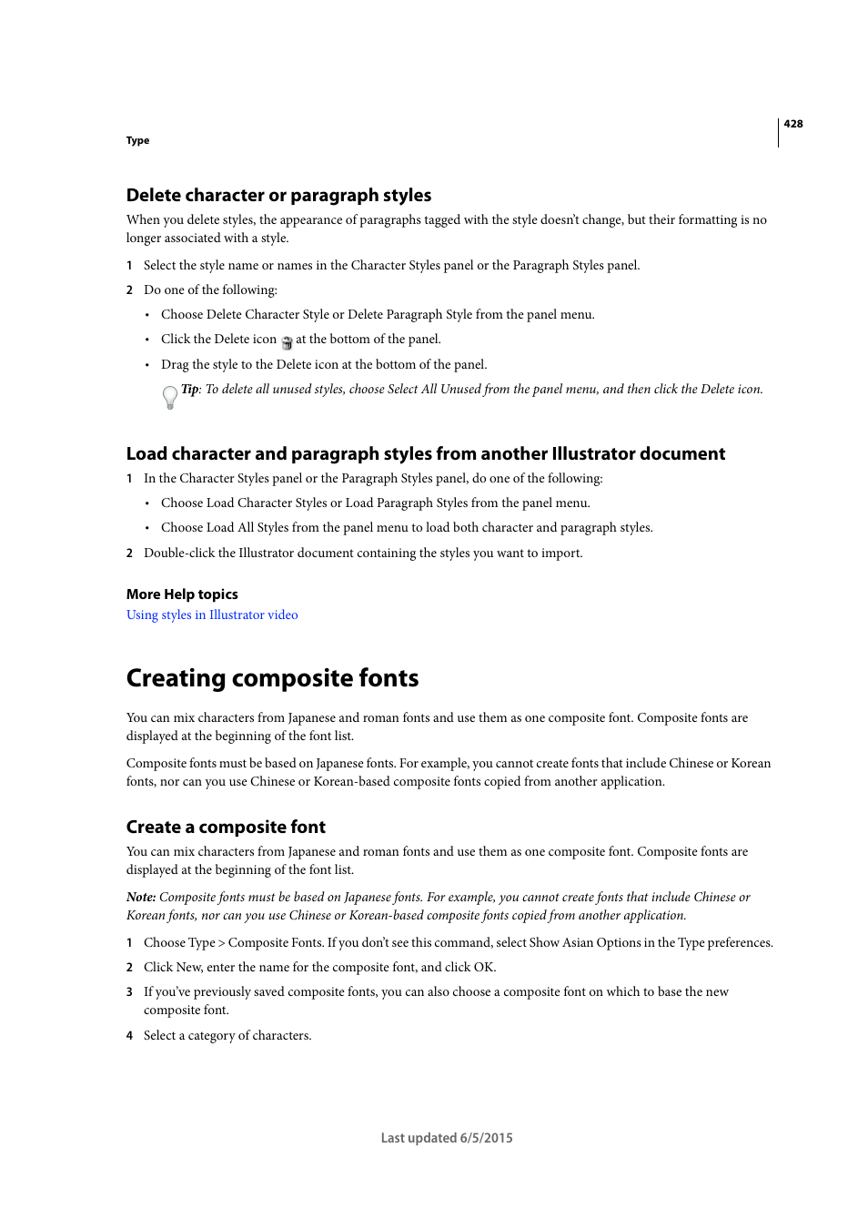 Delete character or paragraph styles, Creating composite fonts, Create a composite font | Adobe Illustrator CC 2015 User Manual | Page 433 / 556