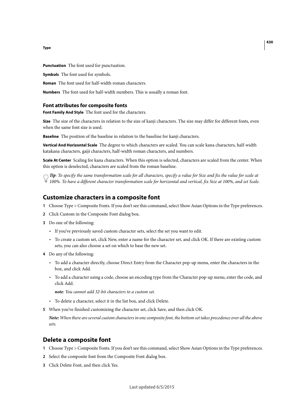 Font attributes for composite fonts, Customize characters in a composite font, Delete a composite font | Adobe Illustrator CC 2015 User Manual | Page 435 / 556