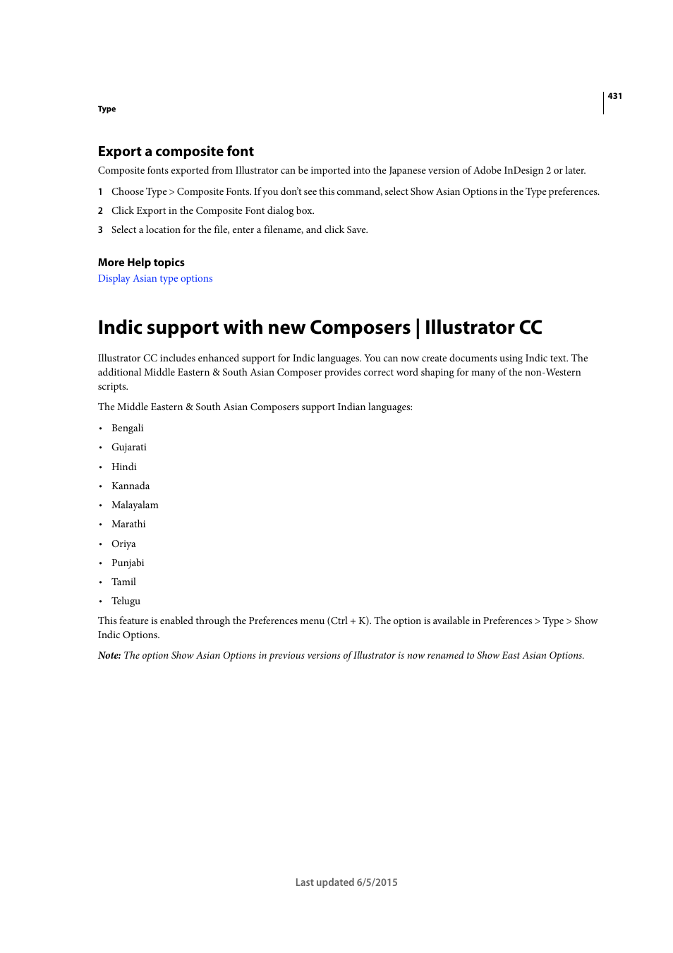 Export a composite font, Indic support with new composers | illustrator cc | Adobe Illustrator CC 2015 User Manual | Page 436 / 556