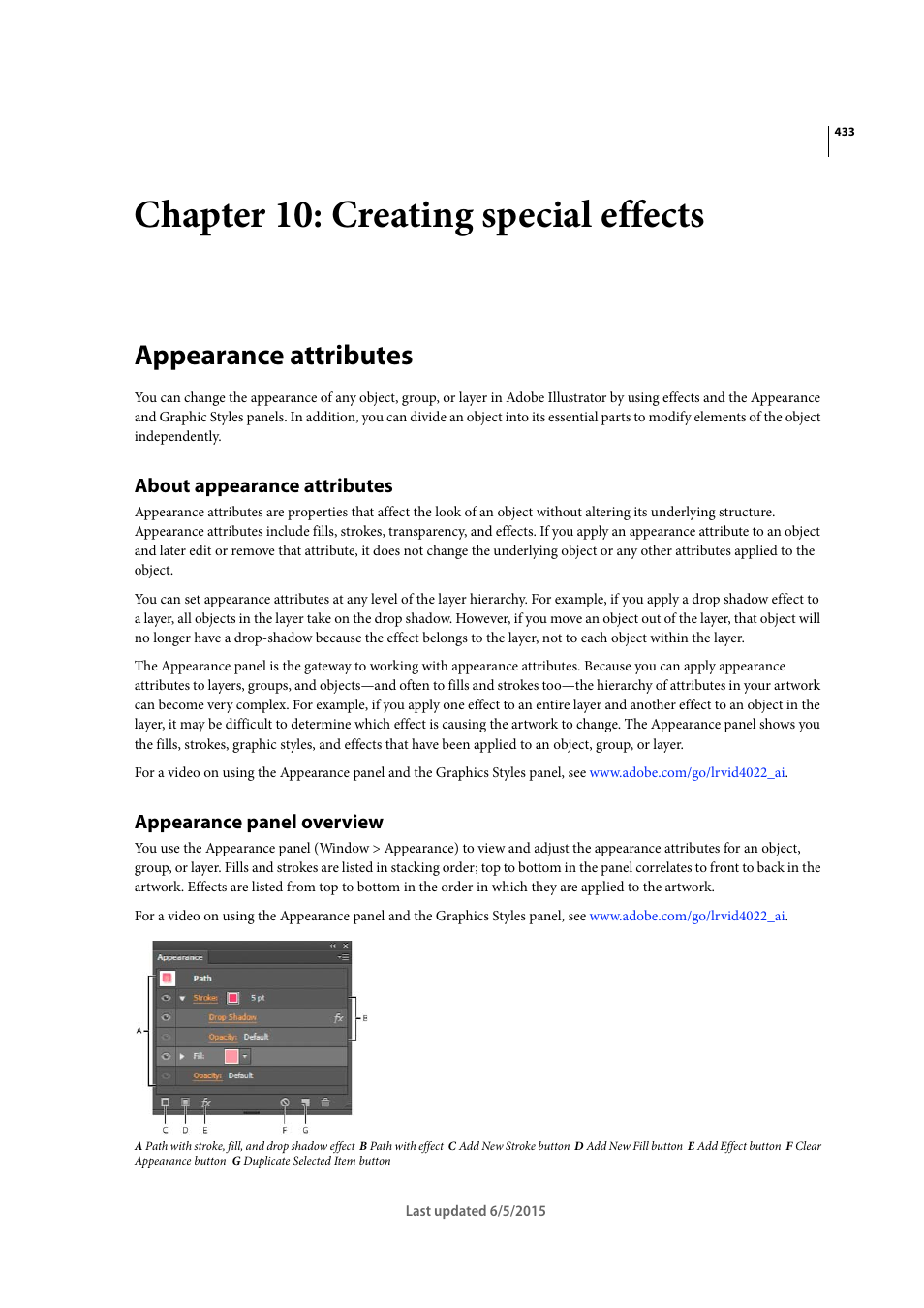 Chapter 10: creating special effects, Appearance attributes, About appearance attributes | Appearance panel overview | Adobe Illustrator CC 2015 User Manual | Page 438 / 556