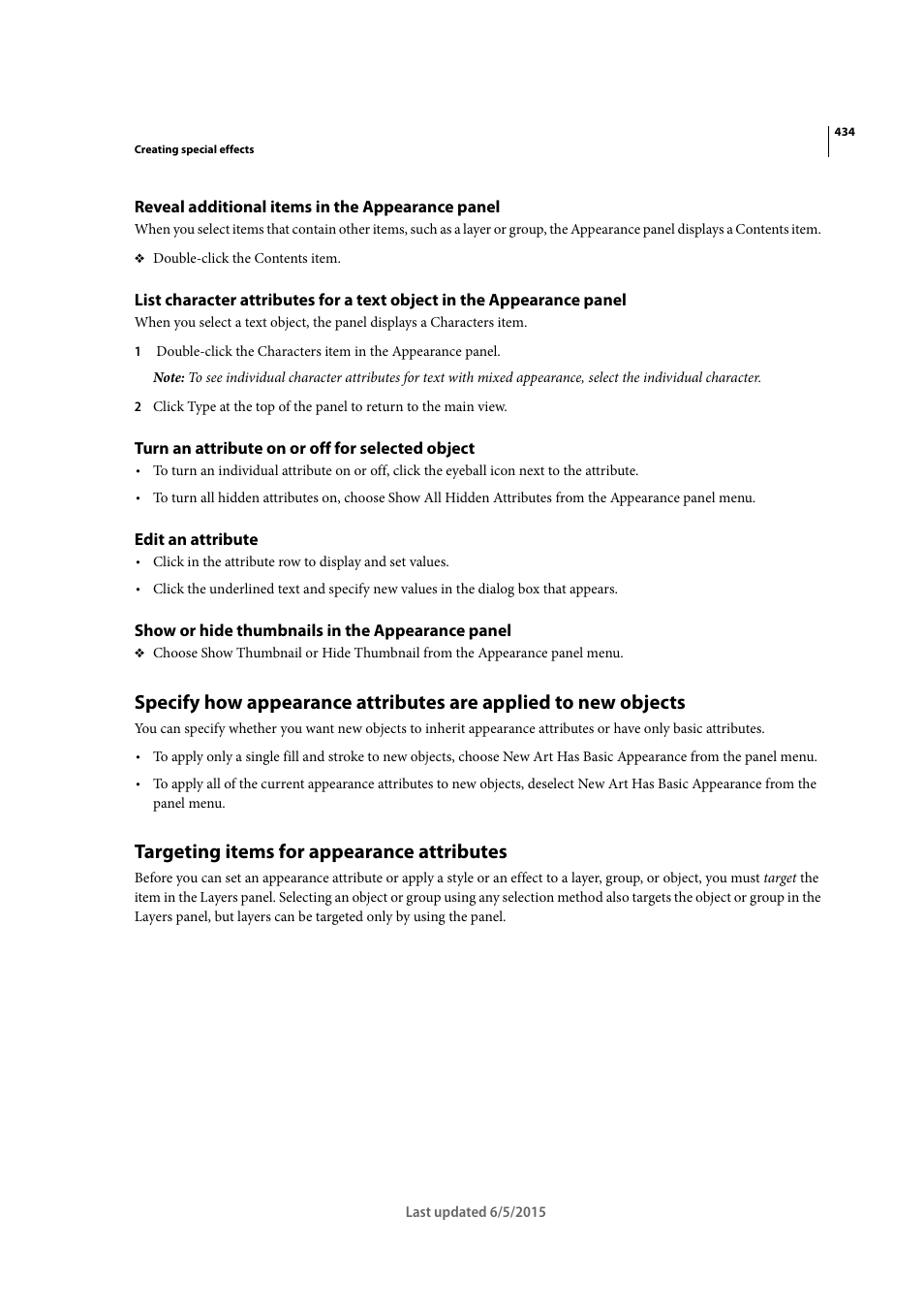 Reveal additional items in the appearance panel, Turn an attribute on or off for selected object, Edit an attribute | Show or hide thumbnails in the appearance panel, Targeting items for appearance attributes | Adobe Illustrator CC 2015 User Manual | Page 439 / 556