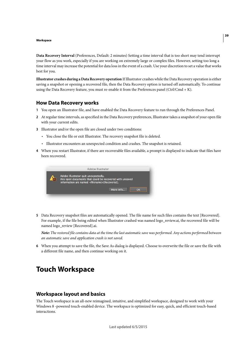 How data recovery works, Touch workspace, Workspace layout and basics | Adobe Illustrator CC 2015 User Manual | Page 44 / 556