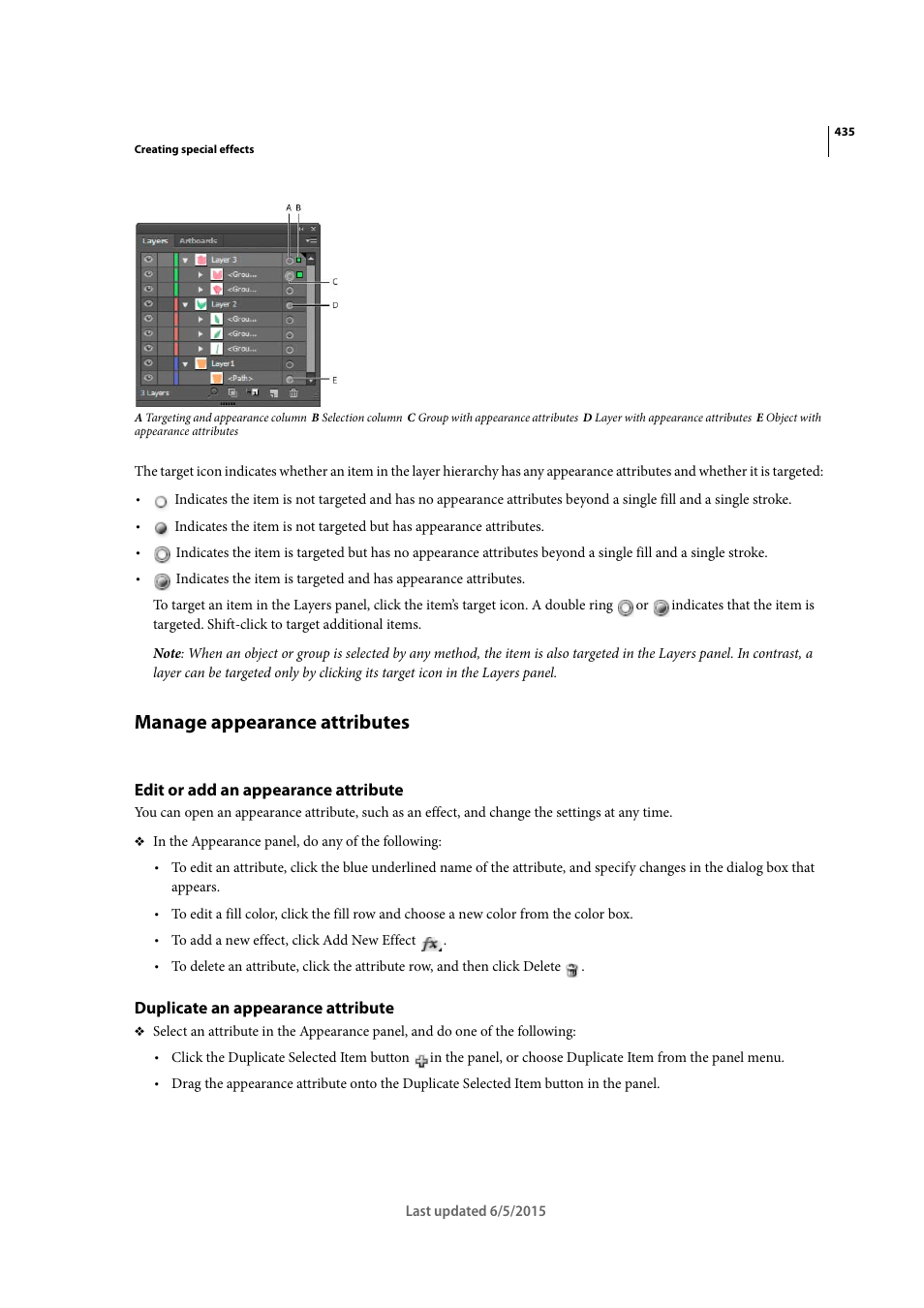 Manage appearance attributes, Edit or add an appearance attribute, Duplicate an appearance attribute | Adobe Illustrator CC 2015 User Manual | Page 440 / 556