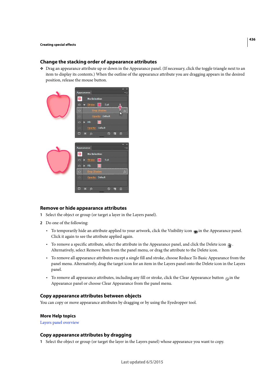 Change the stacking order of appearance attributes, Remove or hide appearance attributes, Copy appearance attributes between objects | Copy appearance attributes by dragging | Adobe Illustrator CC 2015 User Manual | Page 441 / 556