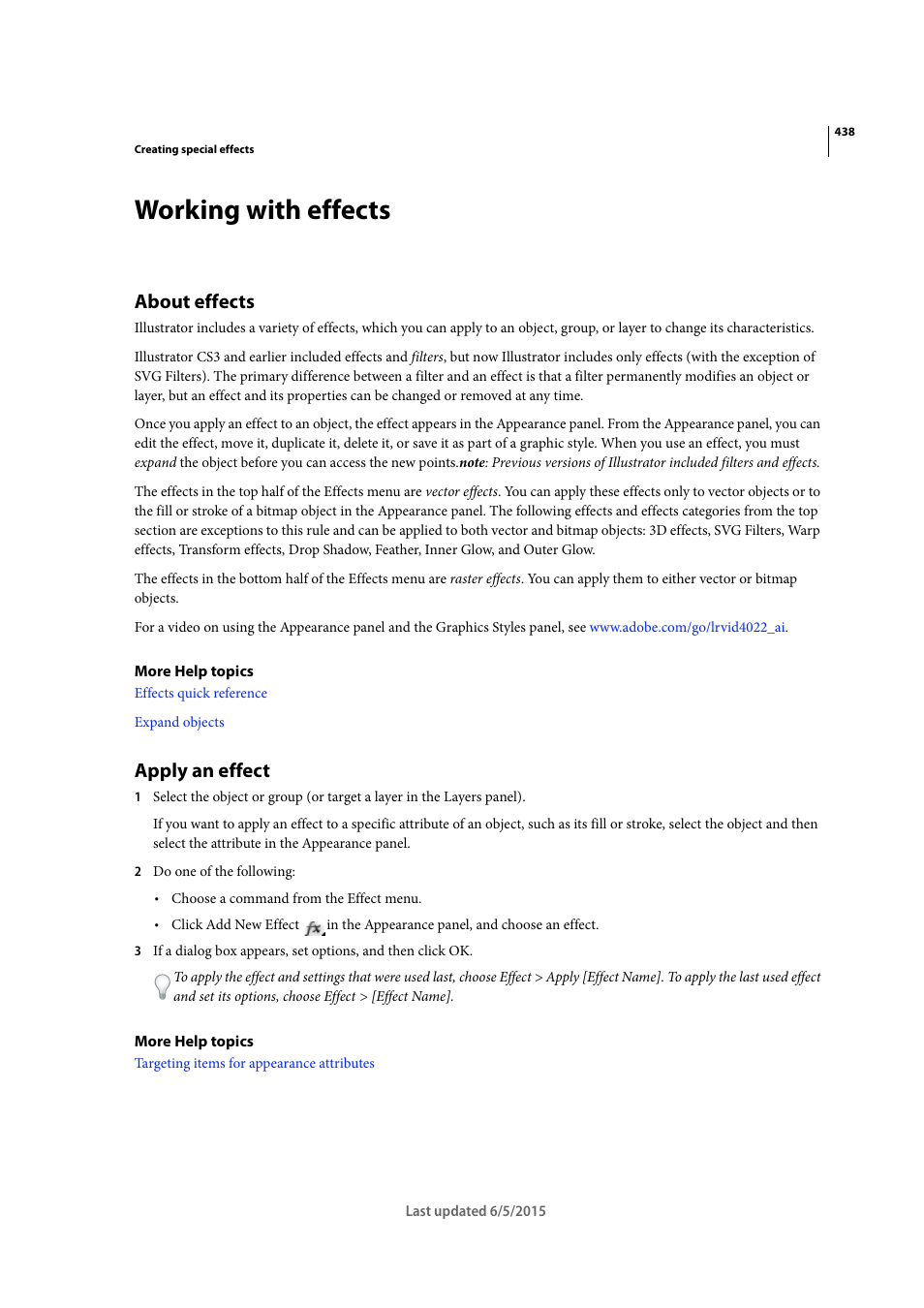 Working with effects, About effects, Apply an effect | Adobe Illustrator CC 2015 User Manual | Page 443 / 556