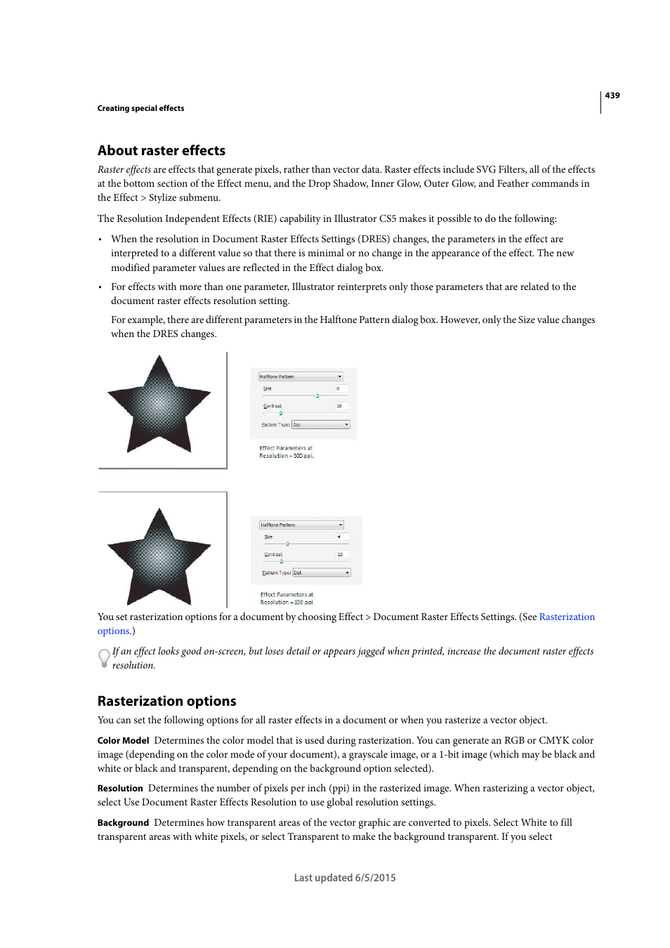 About raster effects, Rasterization options | Adobe Illustrator CC 2015 User Manual | Page 444 / 556