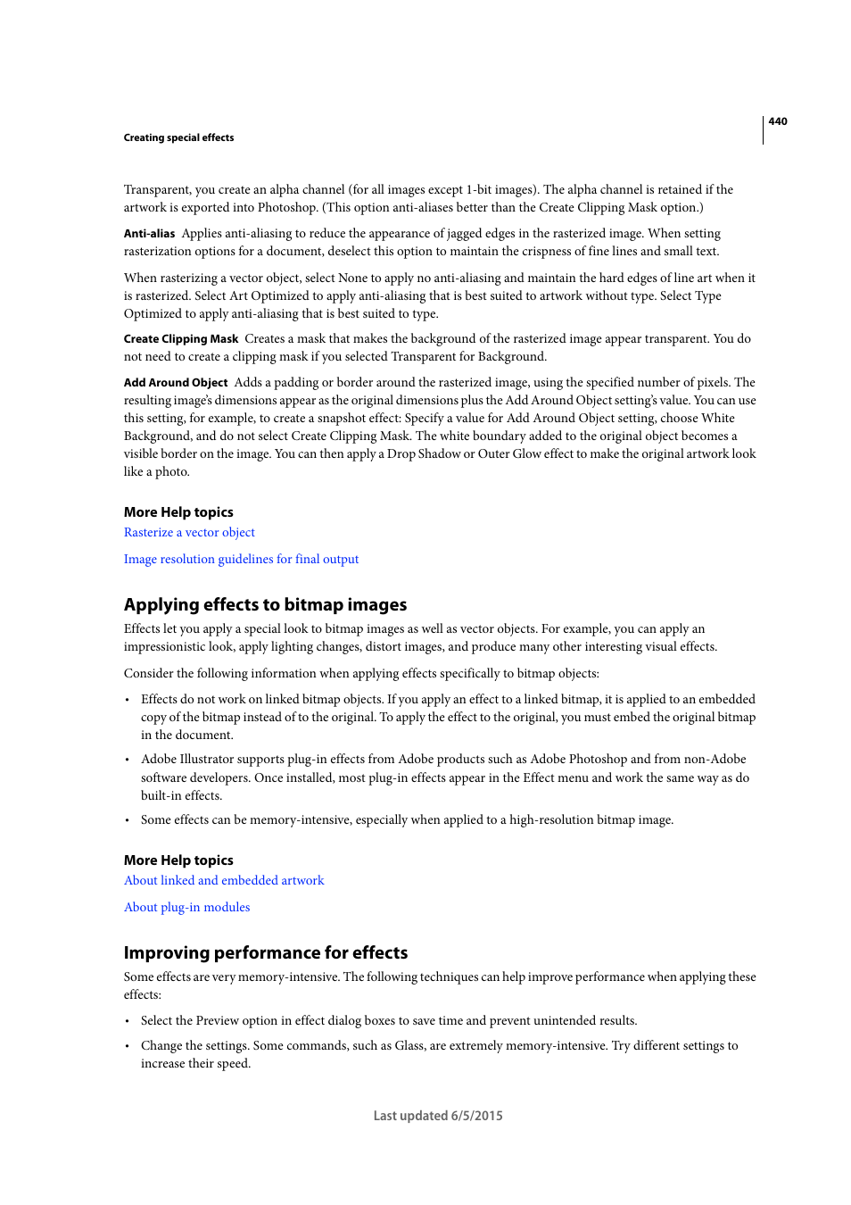 Applying effects to bitmap images, Improving performance for effects | Adobe Illustrator CC 2015 User Manual | Page 445 / 556