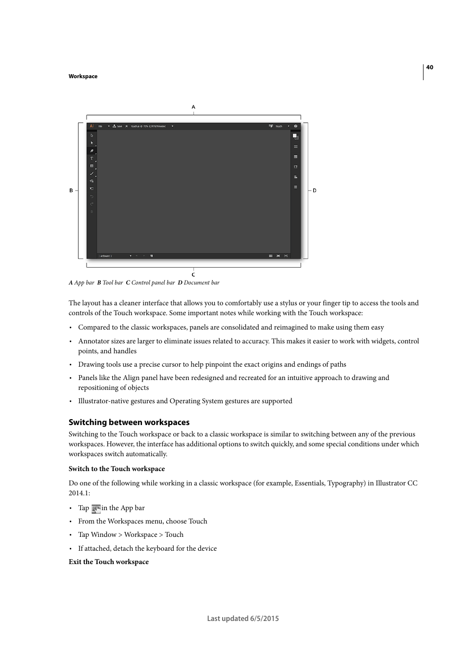 Switching between workspaces | Adobe Illustrator CC 2015 User Manual | Page 45 / 556