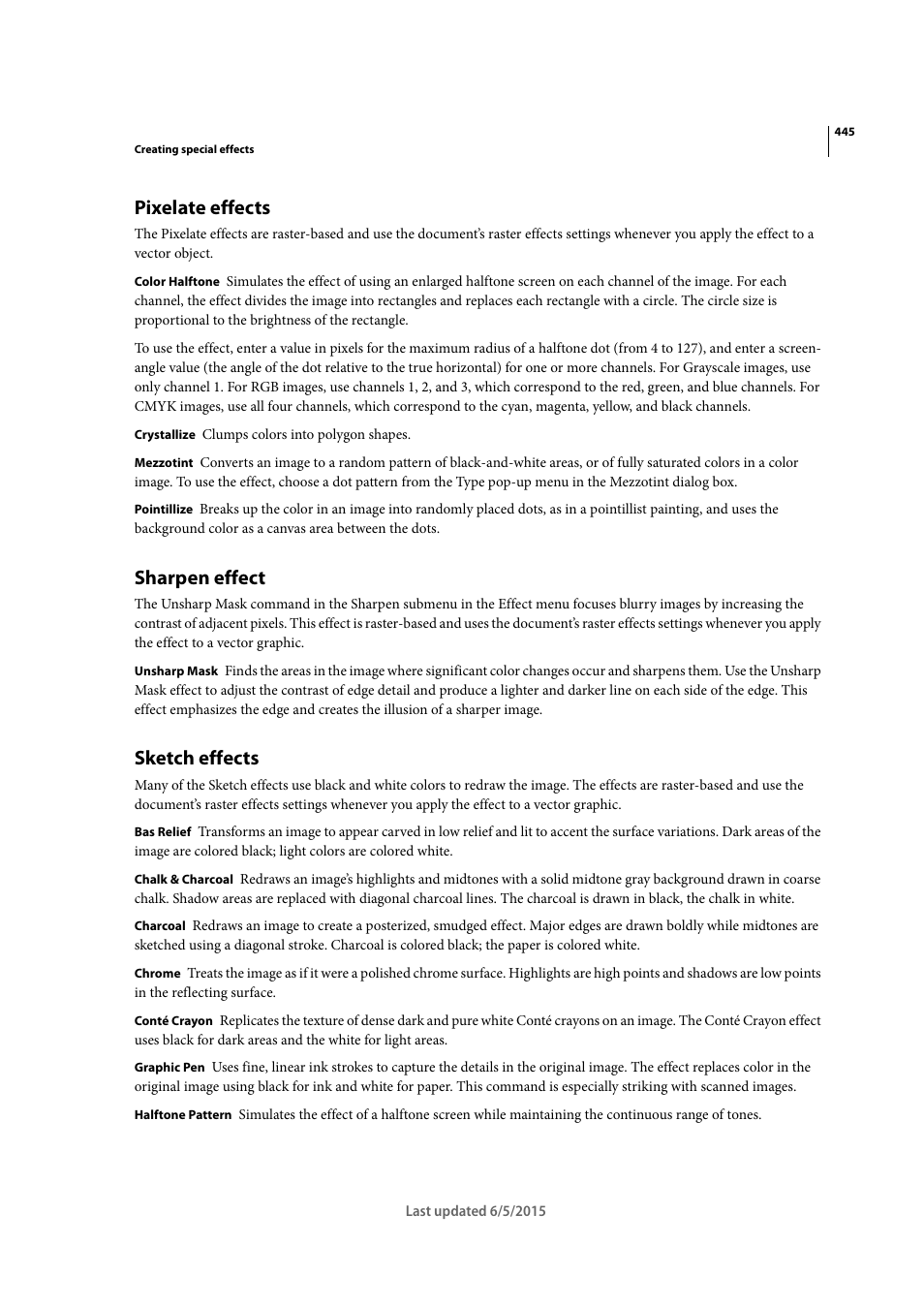Pixelate effects, Sharpen effect, Sketch effects | Adobe Illustrator CC 2015 User Manual | Page 450 / 556