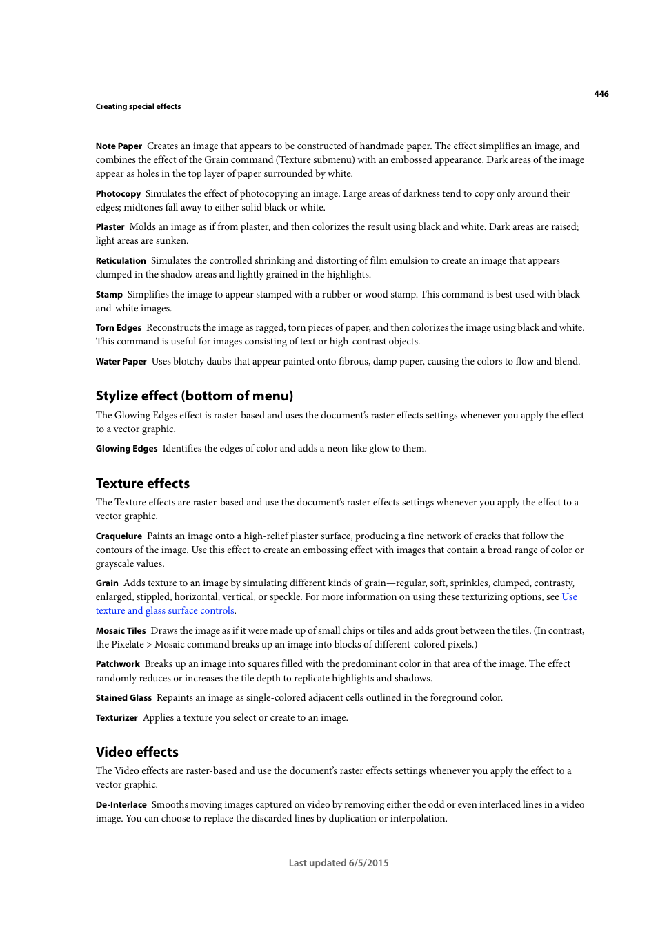 Stylize effect (bottom of menu), Texture effects, Video effects | Adobe Illustrator CC 2015 User Manual | Page 451 / 556