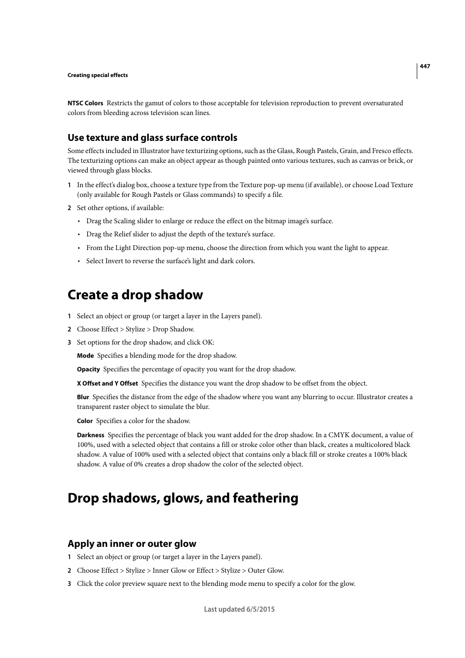 Use texture and glass surface controls, Create a drop shadow, Drop shadows, glows, and feathering | Apply an inner or outer glow | Adobe Illustrator CC 2015 User Manual | Page 452 / 556