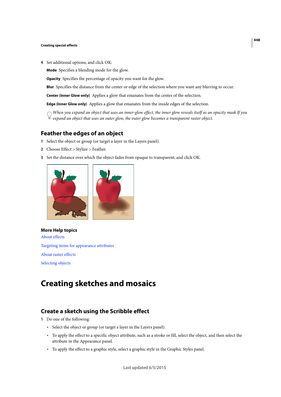 Feather the edges of an object, Creating sketches and mosaics, Create a sketch using the scribble effect | Create a sketch using the, Scribble effect | Adobe Illustrator CC 2015 User Manual | Page 453 / 556