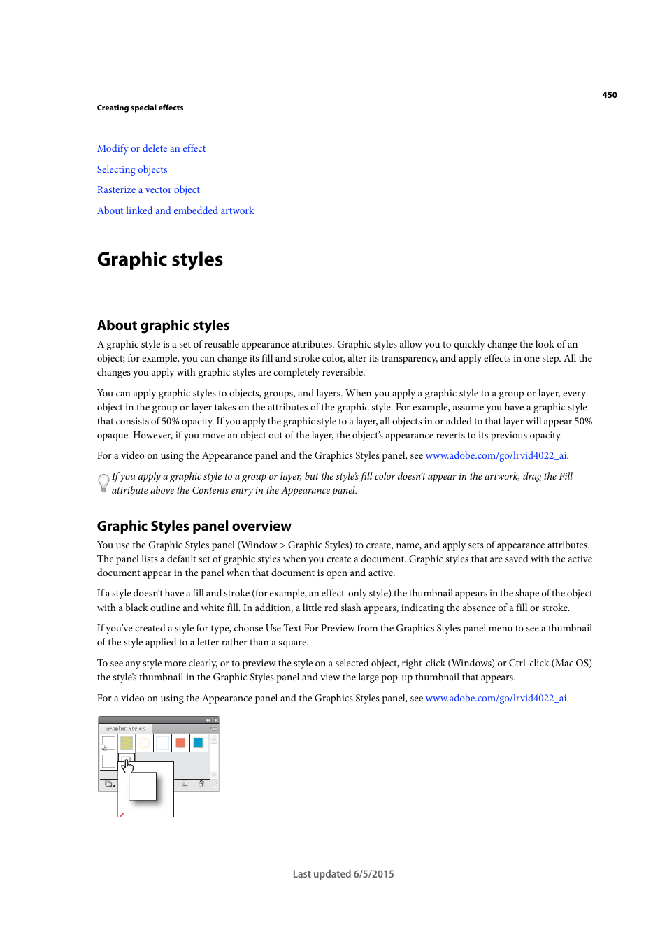 Graphic styles, About graphic styles, Graphic styles panel overview | Adobe Illustrator CC 2015 User Manual | Page 455 / 556