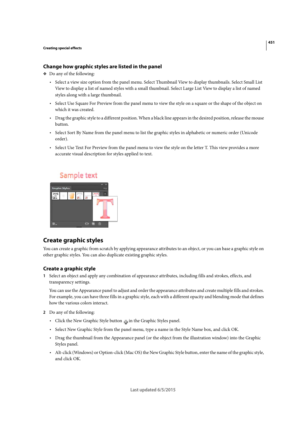 Change how graphic styles are listed in the panel, Create graphic styles, Create a graphic style | Adobe Illustrator CC 2015 User Manual | Page 456 / 556