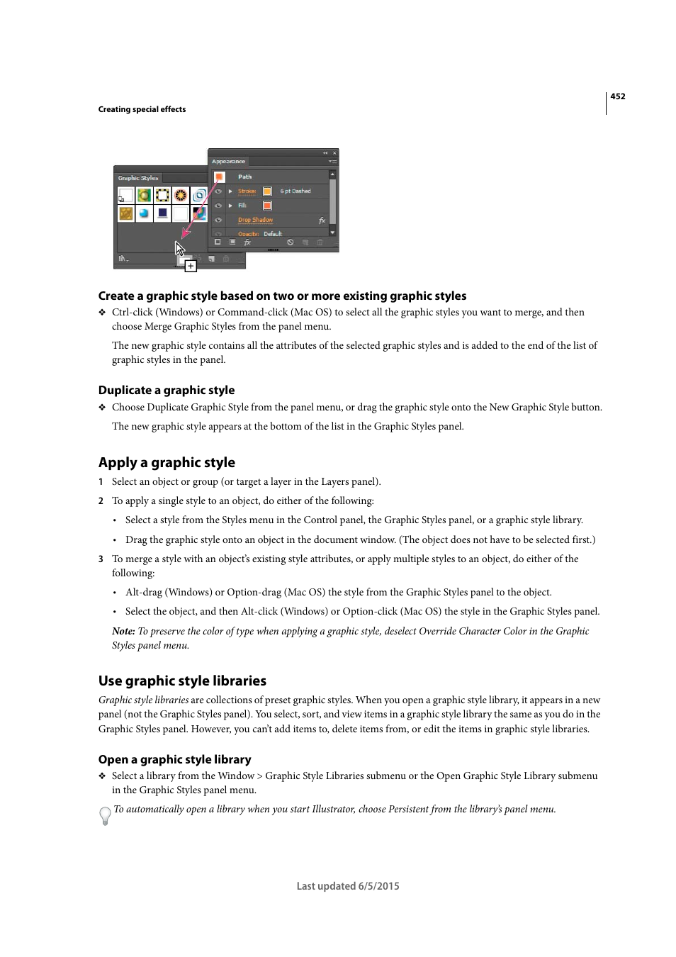 Duplicate a graphic style, Apply a graphic style, Use graphic style libraries | Open a graphic style library | Adobe Illustrator CC 2015 User Manual | Page 457 / 556