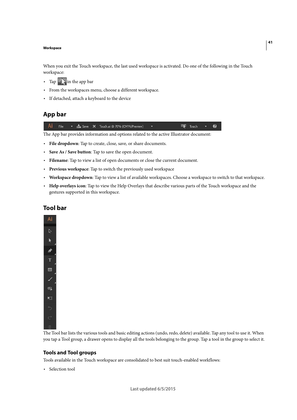 App bar, Tool bar, Tools and tool groups | Adobe Illustrator CC 2015 User Manual | Page 46 / 556