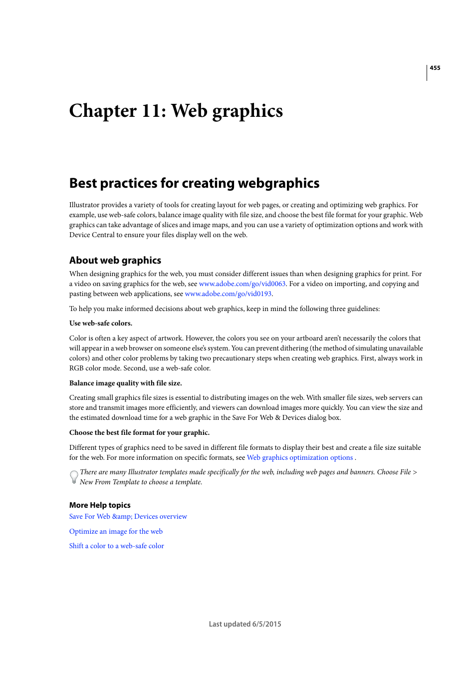 Chapter 11: web graphics, Best practices for creating webgraphics, About web graphics | Adobe Illustrator CC 2015 User Manual | Page 460 / 556