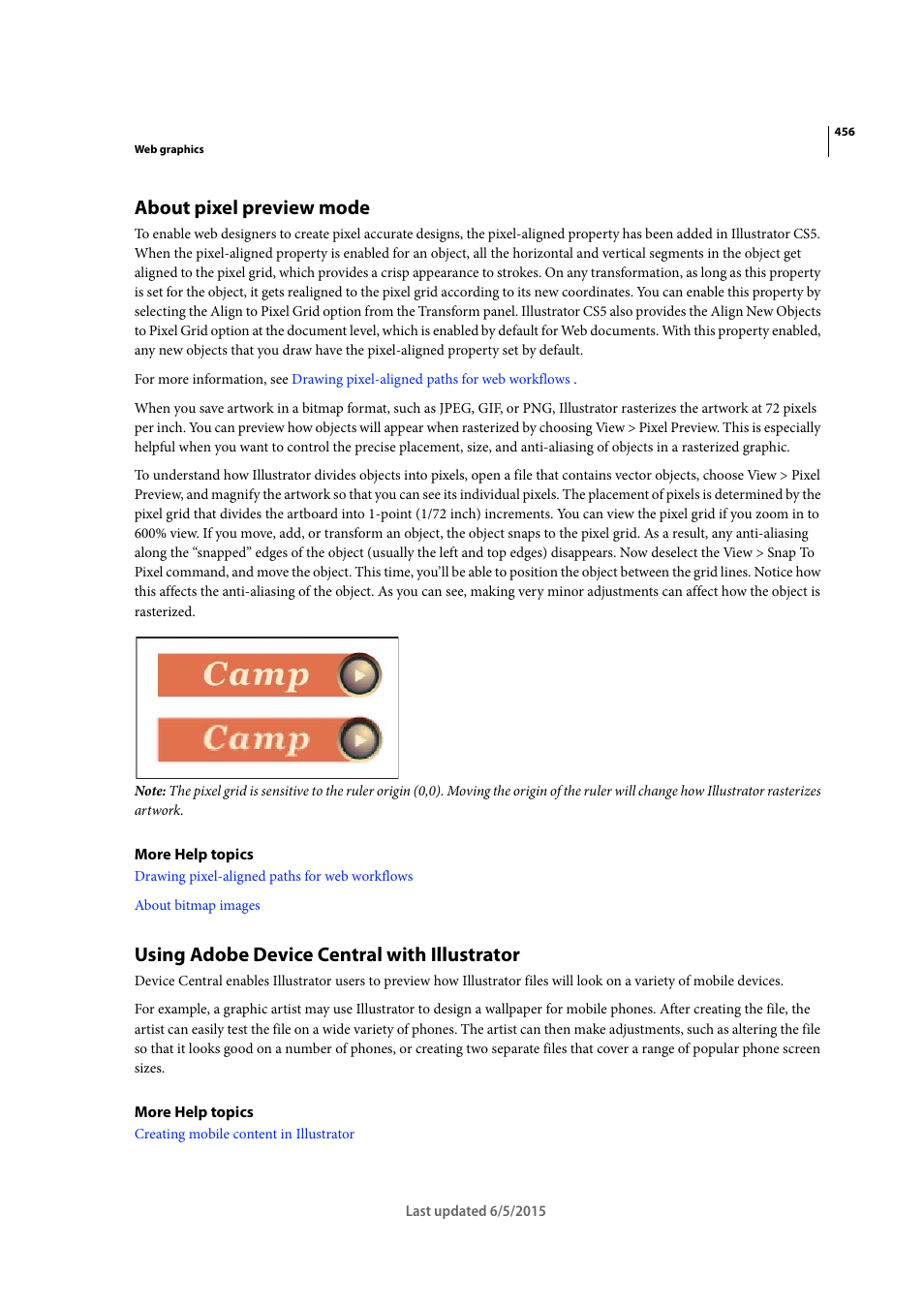 About pixel preview mode, Using adobe device central with illustrator | Adobe Illustrator CC 2015 User Manual | Page 461 / 556