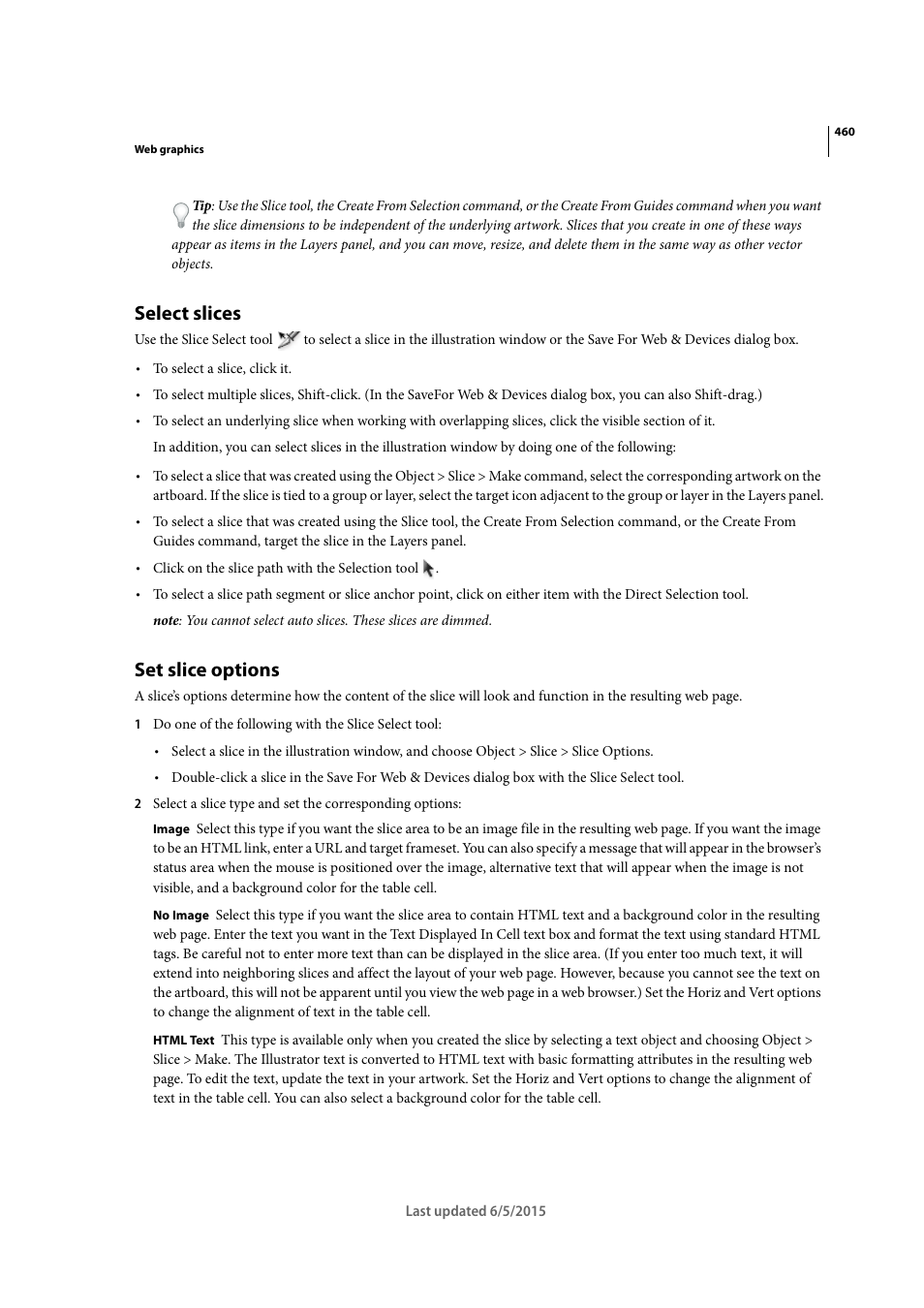 Select slices, Set slice options | Adobe Illustrator CC 2015 User Manual | Page 465 / 556